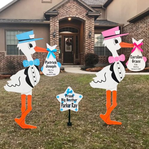 Twin Pink and Blue Stork Sign With Generic Bundles and Sibling Star, Birth Announcement Yard Stork Sign in Golden Isles - St Simons, Jekyll, Sea Island, Darien & Brunswick
