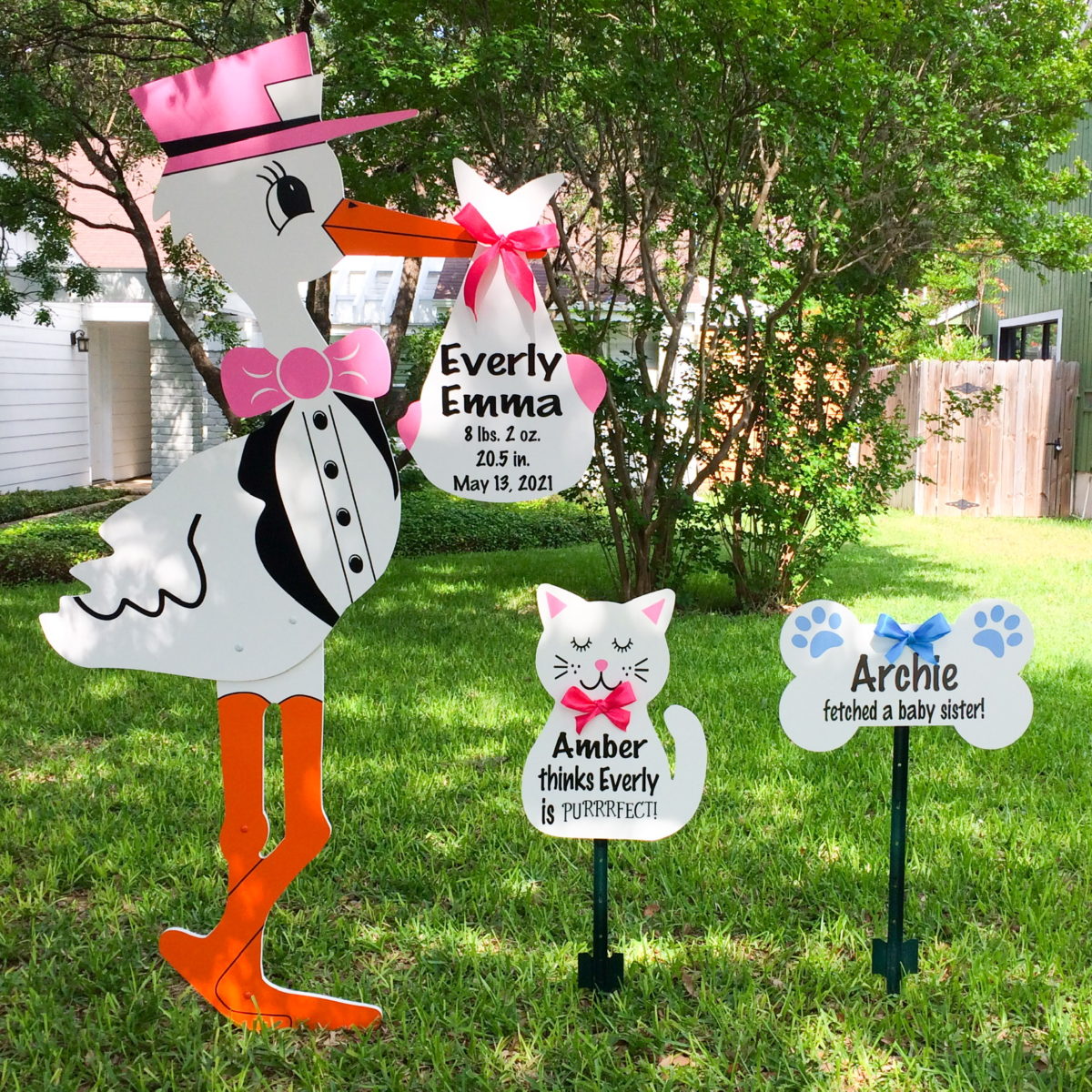 Pink Stork Sign with Cat and Dog Bone Pet Signs, Birth Announcement Yard Stork Sign in Golden Isles - St Simons, Jekyll, Sea Island, Darien & Brunswick